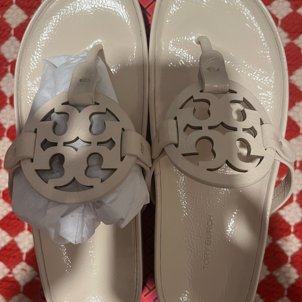 Brand new. Never been worn. Miller cloud Lug softy naplak sheep patent sandals